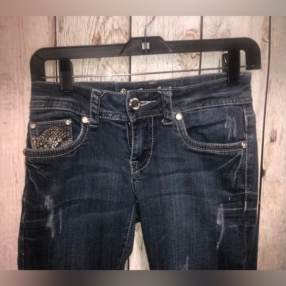 LA IDOL Women’s Jeans Size 1 W27 L33 Tattered Rhinestone Pocket (see details - Picture 5 of 10